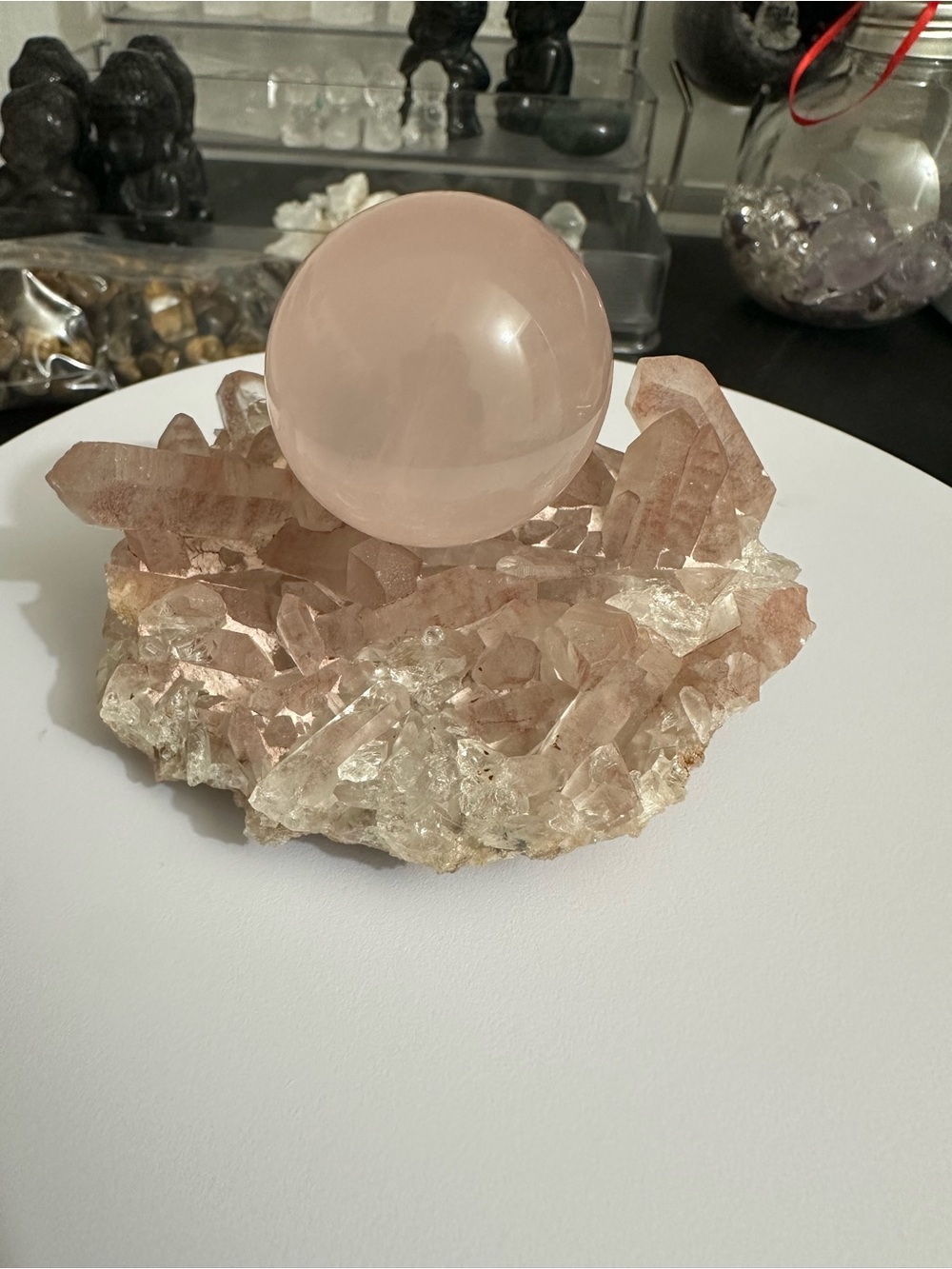 Rose Quartz Sphere on Pink Crystal Cluster Decorative Accent